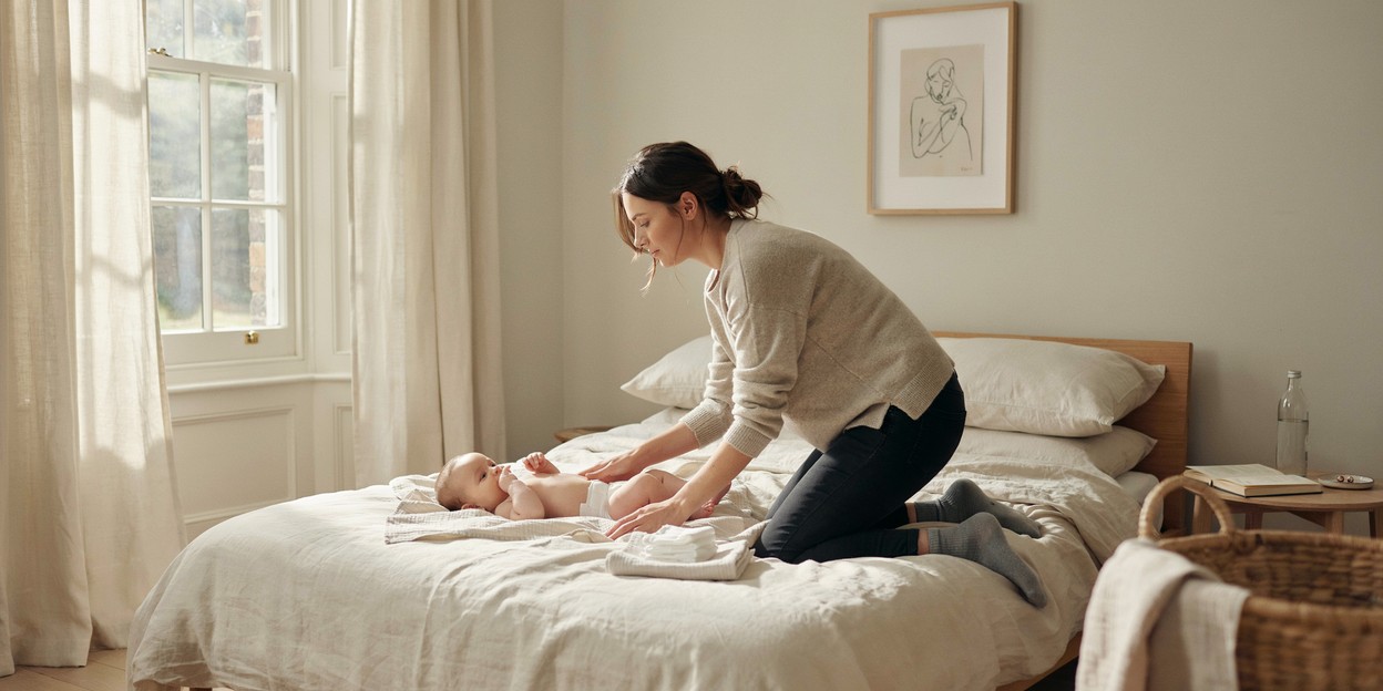 Woman in her thirties changing her baby on a bed in a sunlit bedroom