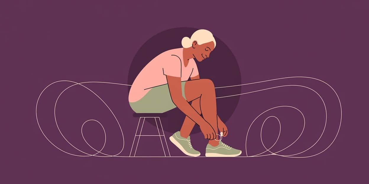 Woman in her fifties sitting on a low stool lacing up her trainers