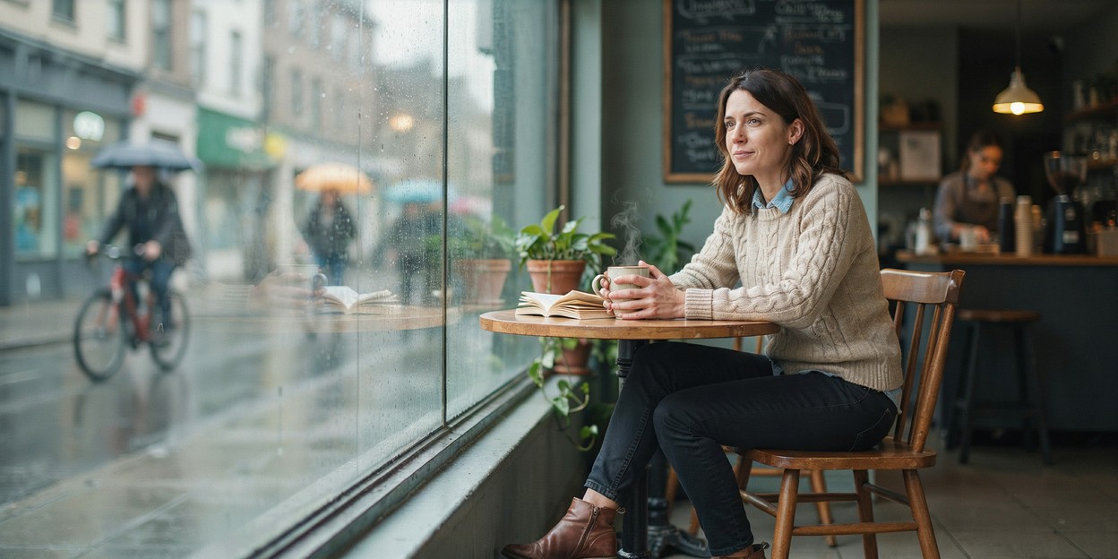 Woman in her forties sitting alone at a coffee shop table with a mug, looking out through a rain-streaked window